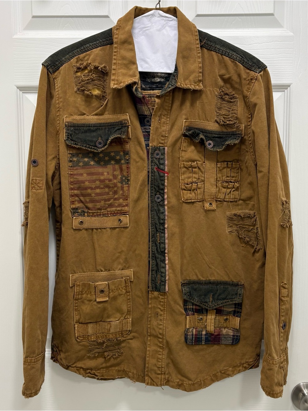 Men's Distressed Tan Utility Field Jacket with Patchwork Details
